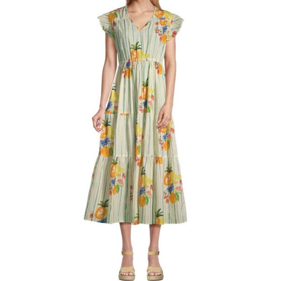 World Market Midi Dress Size L/XL Resort Stripe Fruit Print Summer Vacation - Picture 1 of 16